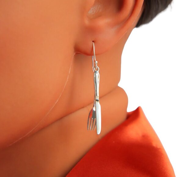 925 Sterling Silver Fork and Knife Earrings - Picture 2 of 4